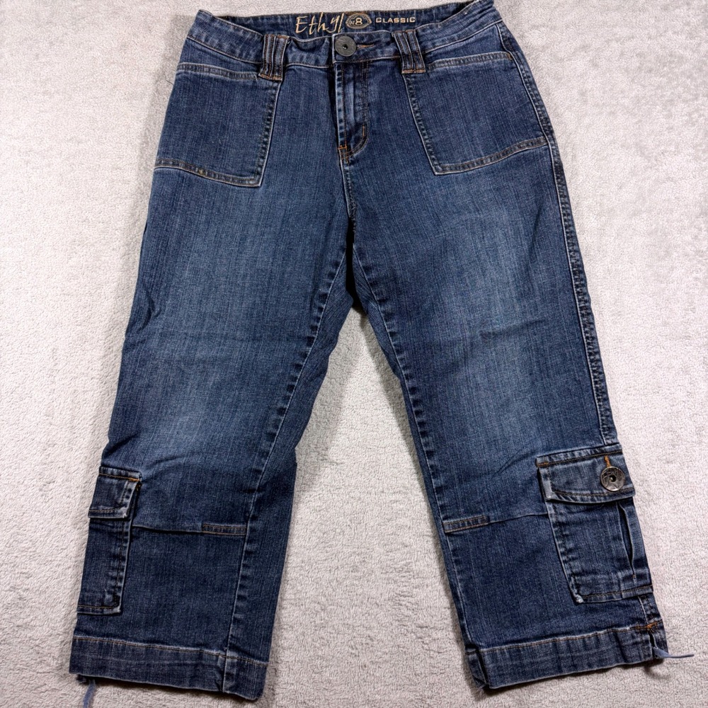 Ethyl Cargo Capri Jeans Women 8 Blue Denim Mid Rise Utility Crops 105Q